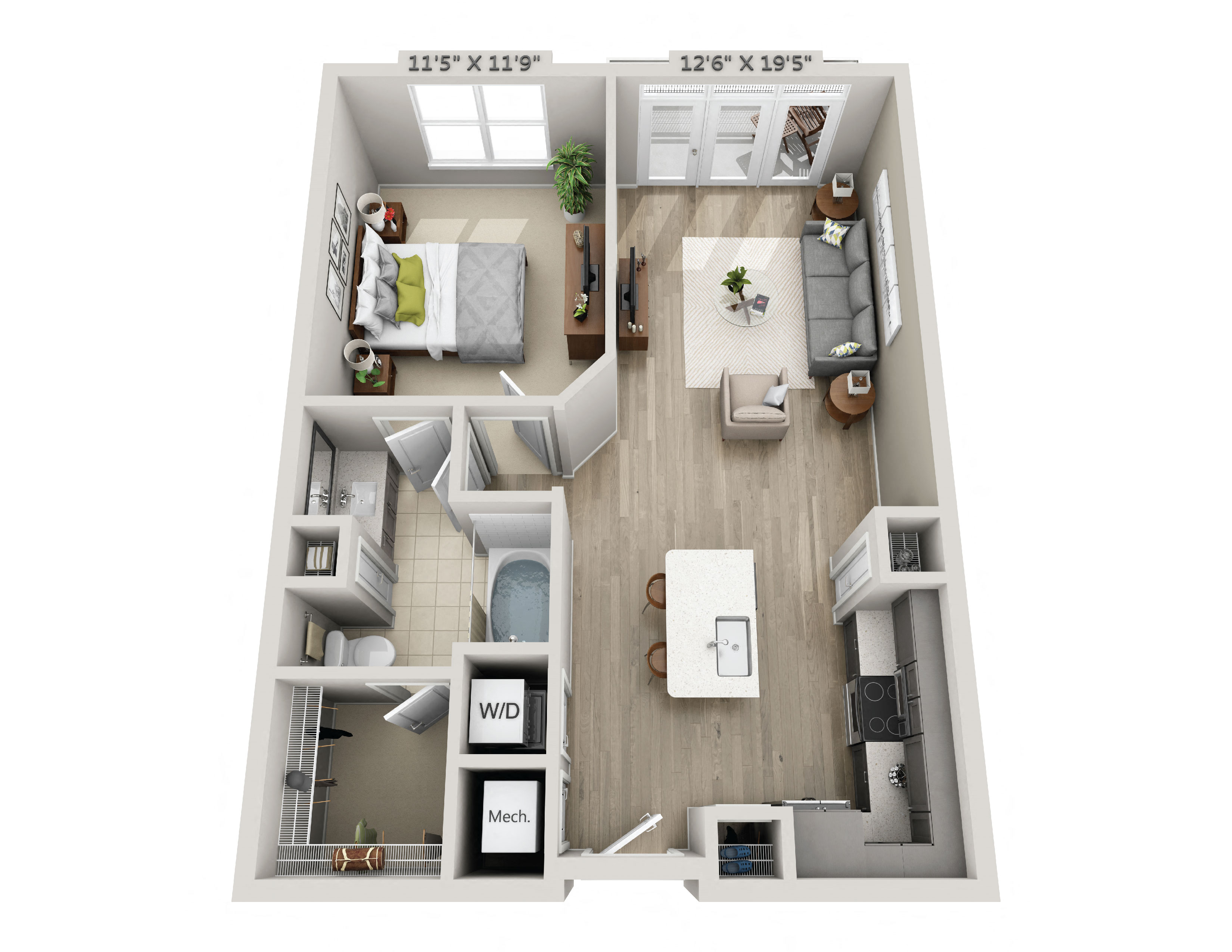 Floor plan for 1 bed, 1 bath, 753 sqft